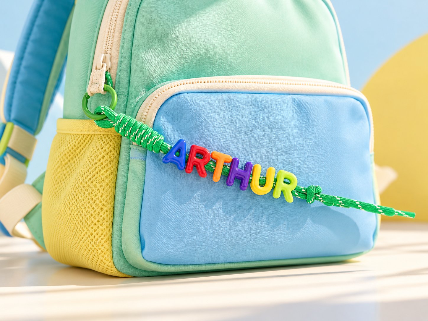 Colourful children's rucksack with personalised ARTHUR bag charm