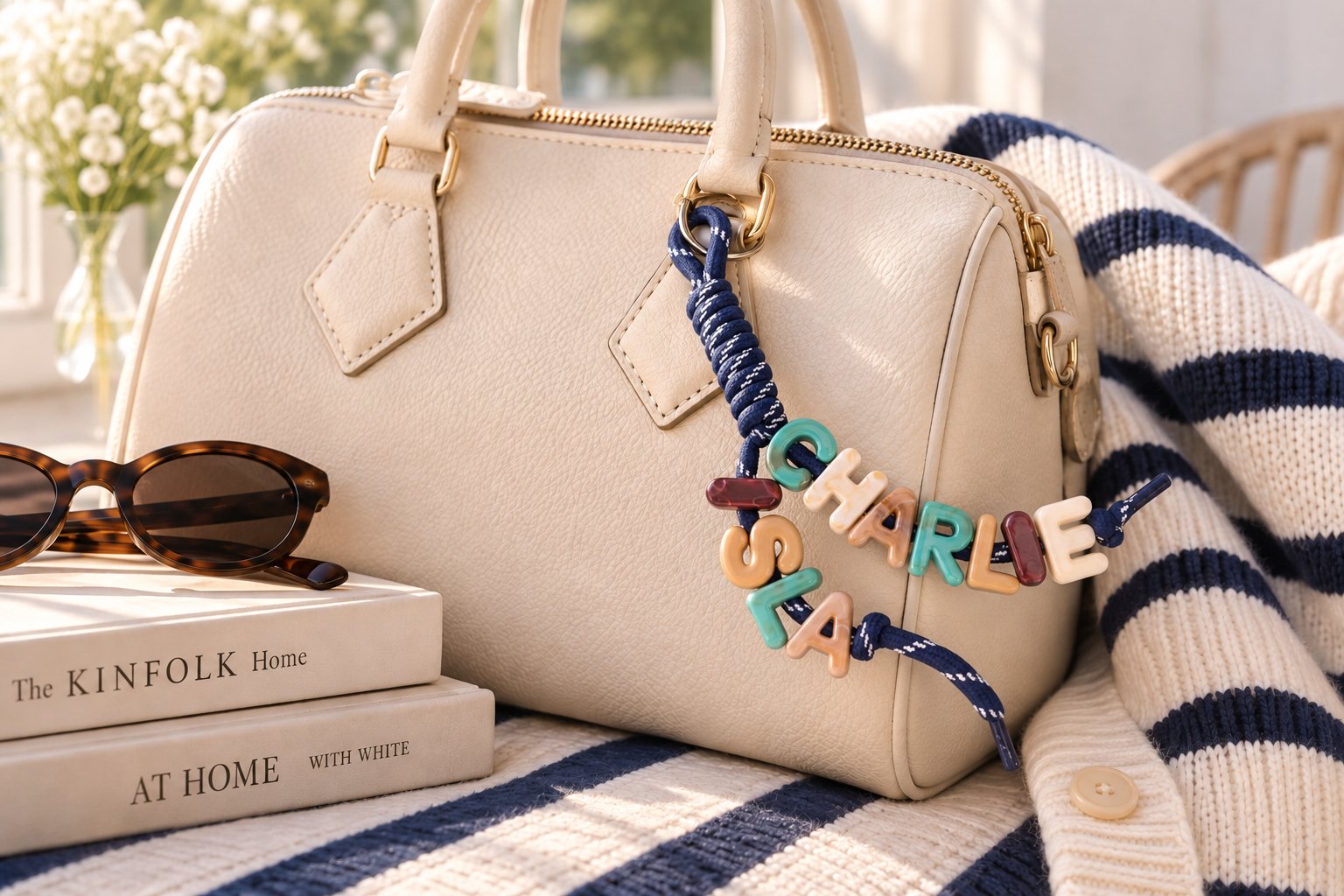 Cream handbag with personalised CHARLIE and ISLA bag charms