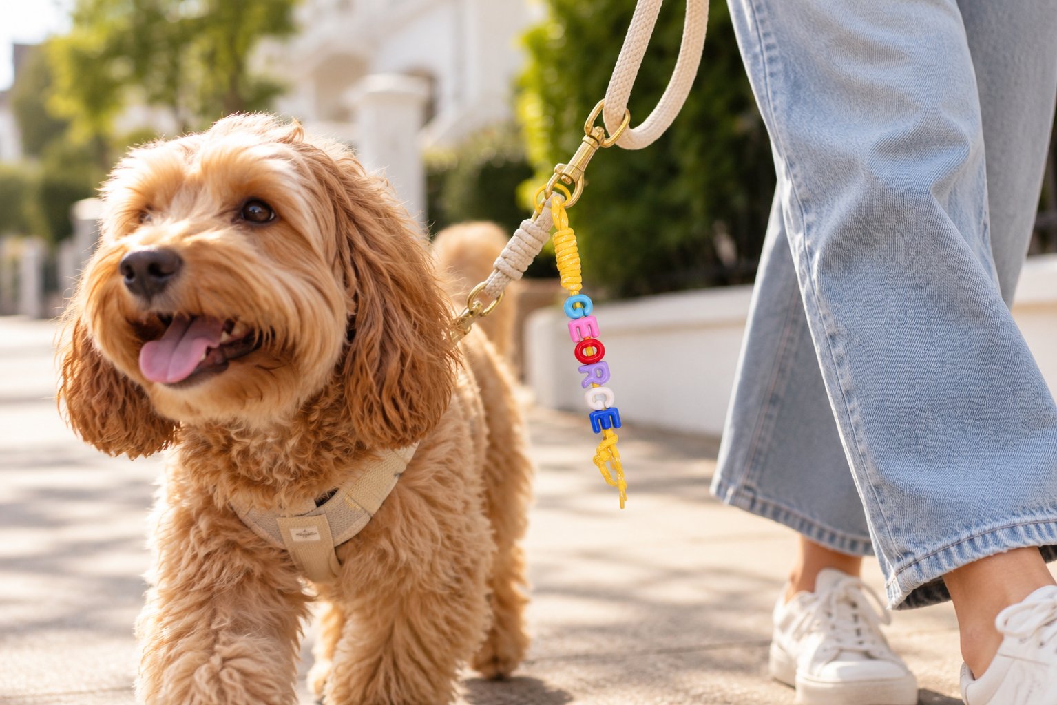 GEORGE bag charm attached to a dog lead on a sunny walk